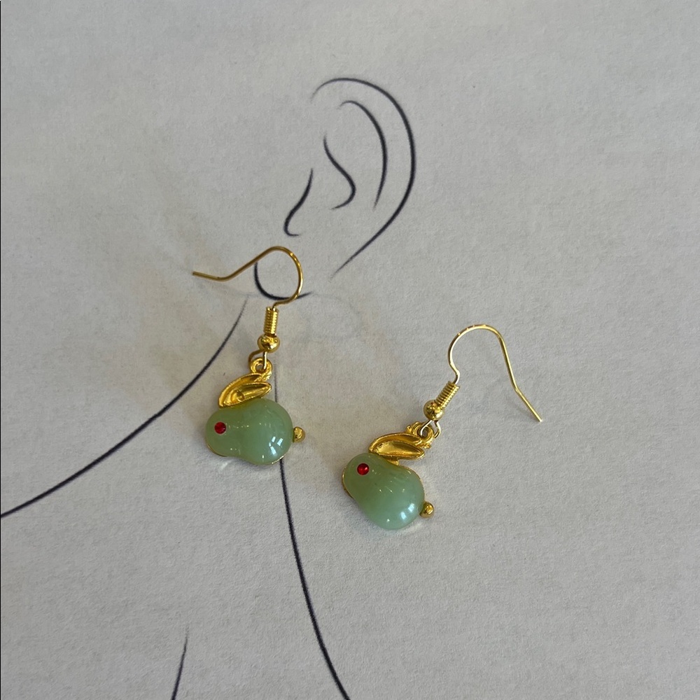 Green Jade Drop Earrings Gold Tone Lucky Rabbit Minimalist Dainty Stone Jewelry